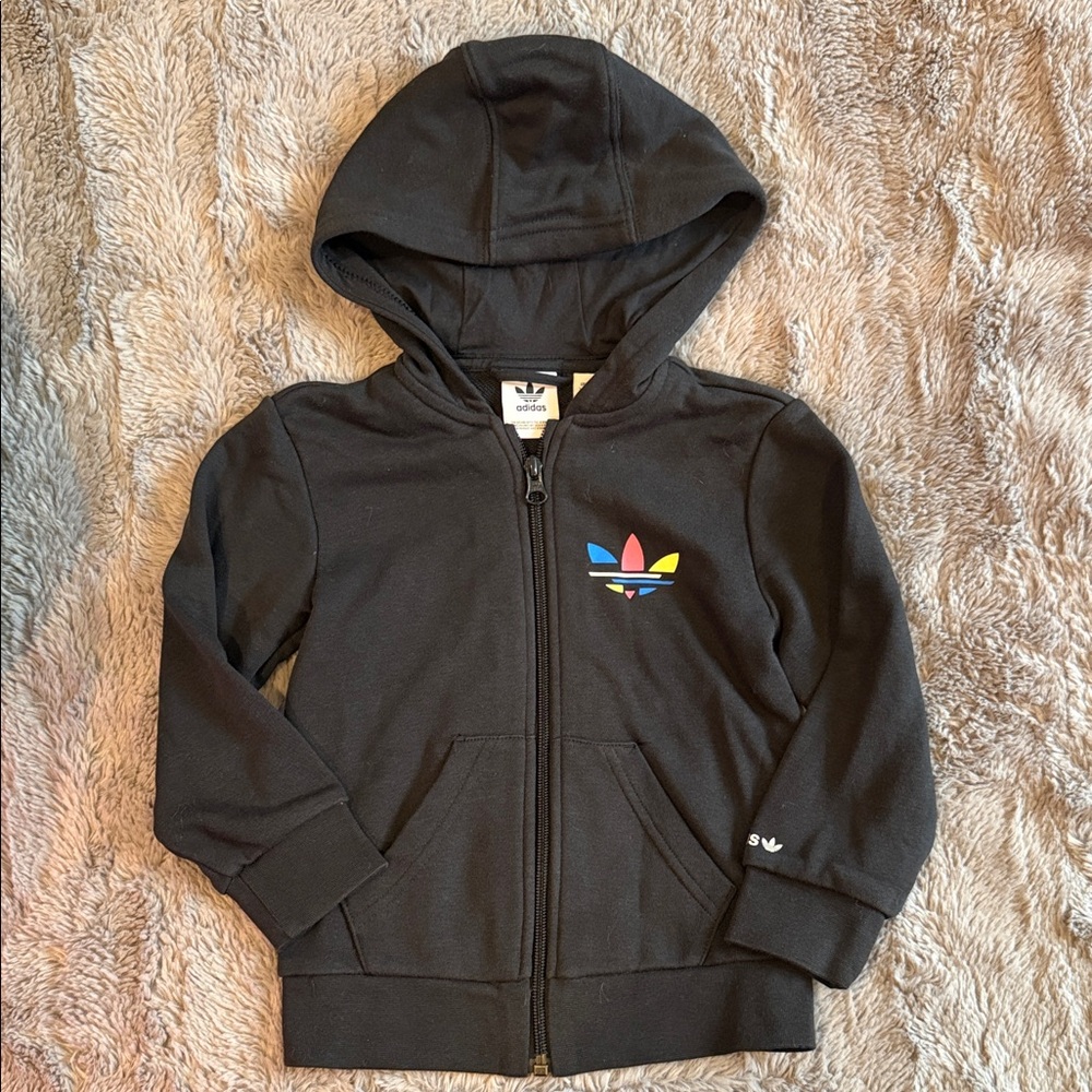 adidas Black Kids Zip Hoodie with Multicolor Trefoil 4t